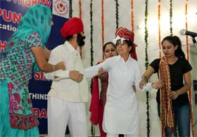 Students perform a play during the elimination round for the zonal legal literacy youth festival at the SSD Girls' College in Bathinda on Thursday