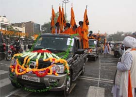 The Chetna March makes its way through the city on Thursday afternoon. The march will halt overnight at Muktsar before proceeding for Amritsar