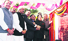 Chief Minister Vijay Bahuguna, Union Minister of State For Parliamentary Affairs Rajeev Shukla and others at the foundation stone-laying ceremony of the cricket stadium and the sports complex at Raipur in Dehradun on Thursday.