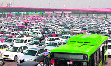 A view of the traffic congestion at the toll plaza on the Delhi-Gurgaon expressway.