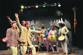Artistes perform a scene from the play Rana Jhina, directed by Kehar Singh Thakur, at Gaiety Theatre