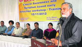 A district-level training programme for the state government's cancer awareness campaign being held at the Civil Hospital in Jalandhar