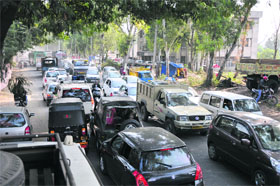 A traffic jam on the Akhnoor road in Jammu on Thursday.