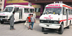 Ambulances parked outside Shri Maharaja Hari Singh (SMHS) Hospital in Srinagar.