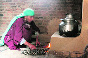 A woman cooks food on a daan, a traditional Kashmiri chulha.