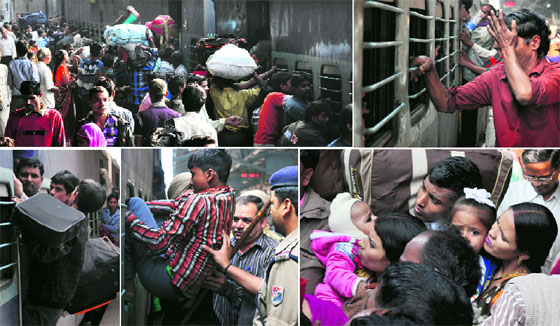 Heavy rush at the railway station; an inconsolable man searches for his children who got separated from him; children and women have a hard time boarding a train; a policeman helps a child to board a train from an emergency window; and people hang on to a compartment’s door in Ludhiana on Thursday.
