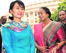 Myanmar's opposition leader and Nobel laureate Aung San Suu Kyi with Lok Sabha Speakar Meira Kumar in New Delhi on Thursday