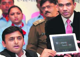 Uttar Pradesh Chief Minister Akhilesh Yadav during the inauguration of Women's Helpline of the state police in Lucknow on Thursday
