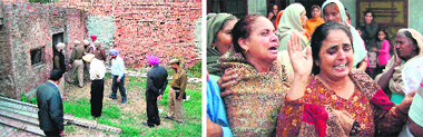 Police officials investigate the spot where the body of Gurkirat Singh was found dumped in Verka; and (right) the wailing mother of the child in Amritsar on Friday. Photos: sameer sehgal
