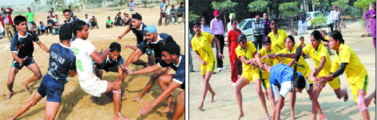(Left) The team from Tarn Taran (in white) fights it out against Ropar in the kabaddi match at DAV College grounds on Friday; girls from Maluka wing (above in yellow) grapple with a raider from Fazilka at the Government Girls Senior Secondary School grounds;