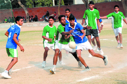 A handball match between Nawanshahr (in blue) and Muktsar in progress at the St. Xaviers School.