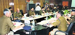 DGP Satyavrat Bansal addresses senior police officials at a meeting in Dehradun on Friday