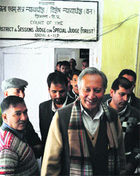 Vijai Singh Mankotia comes out after the hearing in the compact disc case at the district sessions court in Shimla on Friday.