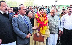 NC candidate Shahnaz Ganai along with senior National Conference leaders in Jammu on Friday.