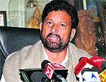 Congress leader Chaudhary Lal Singh addresses the media in Jammu on Friday