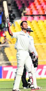 Cheteshwar Pujara clebrates after scoring double century on Friday.  PTI