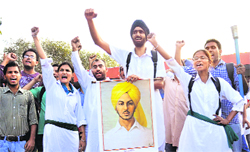 A file photo of students celebrating the birth anniversary of Shaheed Bhagat Singh.