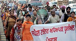 Special trainer teachers take out a protest rally in Bathinda on Saturday