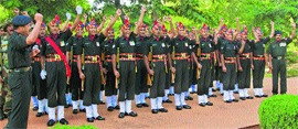 Sappers raise their regimental war cry after paying homage at the Veer Smriti War Memorial on Engineers Corps Day in Chandimandir on Saturday. 