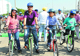 Participants during a family cycle rally in Chandigarh on Saturday