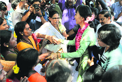 Myanmars pro-democracy leader Aung San Suu Kyi at Papasanahalli village in Andhara Pradesh on Saturday.  PTI
