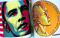 The portrait of US President Barack Obama is seen printed on a cup which is placed next to another with the portrait of Aung San Suu Kyi at a shop in Yangon