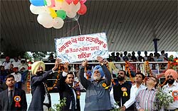 Irrigation Minister Janmeja Singh Sekhon inaugurates the Punjab State Rural Games (under-16 girls) at the Sports Stadium in Bathinda on Sunday