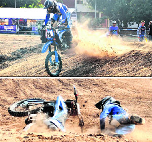 CS Santosh, Category-A third round winner and winner of 2010, performs a stunt at Circus Ground in Chandigarh on Sunday. He lost his balance and fell on the ground.