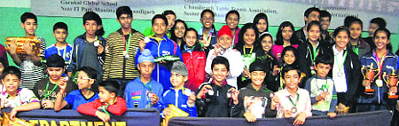 Winners of the 25th Chandigarh State Table Tennis Championship for Gurukul Global Trophy at Table Tennis Hall, Sector 23, Chandigarh