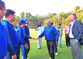 State Chief Secretary Alok Kumar Jain being introduced to IPS officers cricket team by DGP Satyavrat Bansal in Dehradun on Sunday