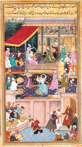 A painting depicting the marriage of Bahadur Shah (64) with Zinat Mahal (19). She remained his favourite wife and accompanied him in exile in 1859.