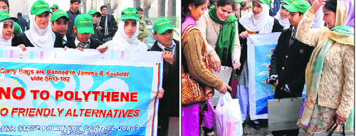 Srinagar Municipal Corporation launches an anti-polythene drive. (Right) Schoolchildren and teachers urge people to use paper bags to make the city pollution-free, in Srinagar on Sunday. 