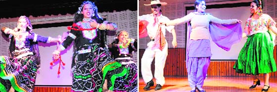 Students of Sri Guru Harkrishan Public School perform a Rajasthani dance; and (right) artistes from Mexico and a teacher of the school perform a dance during the Fusion of Global Cultures" programme in Amritsar on Monday. Photos: Vishal Kumar