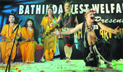 A team of the Sri Krishna Dramatic Club performs during the Kaun Dikhai Sarvshreshtha Kankola competition held at Urang theatre in city on Sunday evening. The team was adjudged the winner at the competition. 