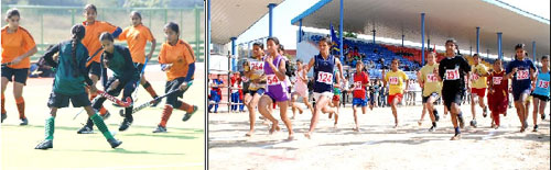A hockey match in progress between Muktsar (in green and black) and Fatehgarh Saheb teams which the latter won; participants head for the finish line in the 3,000 metre race; judokas slug it out at the indoor stadium. 