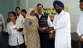 MLA from Bathinda rural Darshan Singh Kotfatta distributes dentures to patients at the dental camp that began at the Civil Hospital on Monday.