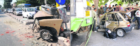 A 30-year-old resident of Dhakoli, Zirakpur, Promod, had a miraculous escape after a speeding Punjab Roadways bus hit his Maruti car at the Sectors 31-32 light point on Monday morning.