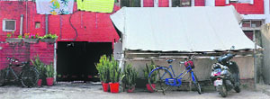 A tent pitched on a portion of the road outside the house of Punjab IAS officer Sumer Singh Gurjar in Sector 7, Chandigarh. 