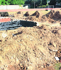 A patch of mud inside the hockey stadium at Sector 18. 
