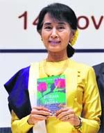 Chairperson of The National League for Democracy of Myanmar, Aung San Suu Kyi release a book at the Jawahar Lal Nehru Memorial Lecture in New Delhi on November 14, 2012. Tribune Photo.Mukesh Aggarwal