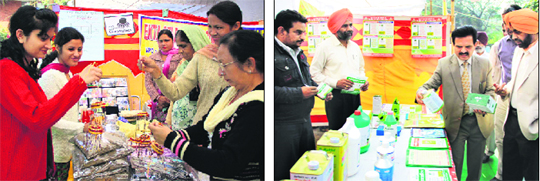 Visitors at a stall during the exhibition; and (right) Dr KS Sra visits one of the stalls in Jalandhar on Monday.