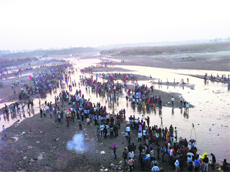Devotees offer prayers during Chhat Puja in the Sutlej in Phillaur and in Devi Talab mandir in Jalandhar on Monday. 