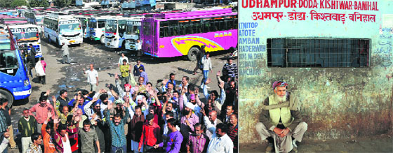 Members of the All Jammu & Kashmir Transporters Welfare Association stage a protest and (right) a passenger outside a closed ticket counter at bus stand in Jammu on Monday. 