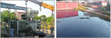 Repair work under way at a transformer installed at the sewage treatment plant at Bhattian village in Ludhiana; and (right) sewage that has accumulated in nearby areas.