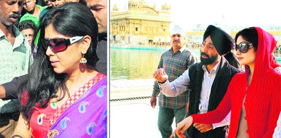 TV actor Sakshi Tanwar (Bade Achhe Lagte Hain fame Priya Kapoor) in Amritsar; and (right) Bollywood actor Yuvika Chaudhary pays obeisance at Golden Temple in Amritsar on Tuesday