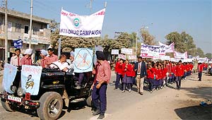 An awareness rally against drugs being held at Sardulgarh in Mansa district on Tuesday