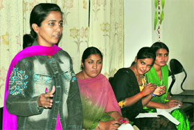 A participant speaks at a workshop on violence against women at Government PG College for Women in Fatehabad on Tuesday.