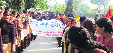 Students take out a drug awareness rally at Mahil Gehilan village in Nawanshahr district on Monday.