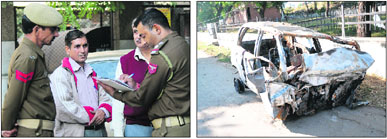 Policemen record statement of Babu Ram, whose son died in the accident and (right) the mangled remains of the car in jammu on Tuesday