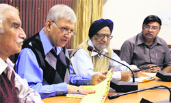 Rakesh Dada, treasurer of the Harivallabh Sangeet Mahasabha, addresses a press conference in Jalandhar on Friday